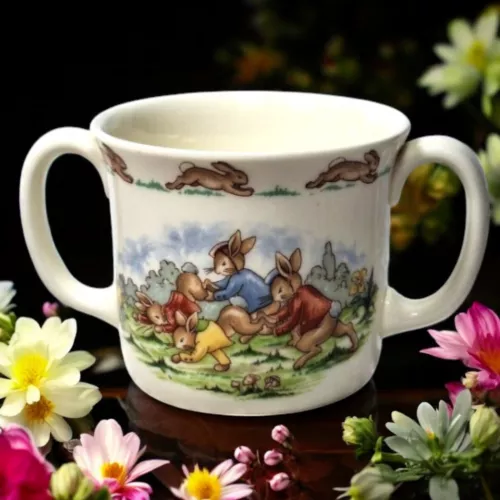 Royal Doulton Bunnykins 2 Handle Cup Mug HW22 Wheelbarrow Race