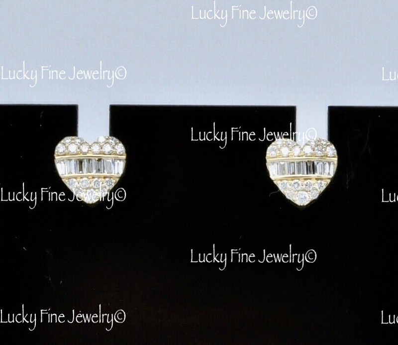 14k Yellow Gold Ladies Natural Diamond Stud Earring heart stud baguette 0.36 ct