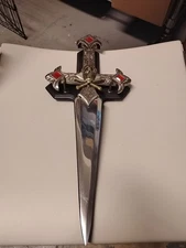 Skull & Crossbones 17" Dagger Sword Red Gems Brass Tone Cross Handle Wall Mount