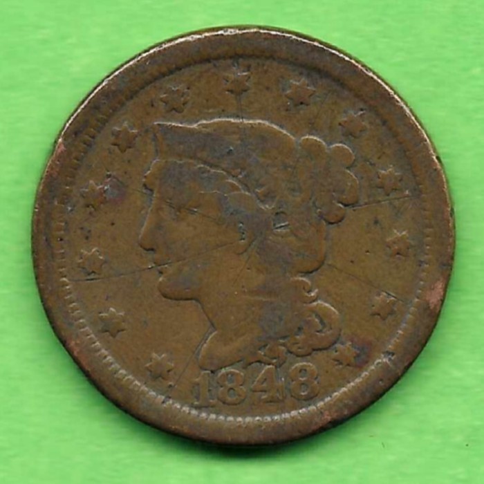 1848 BRAIDED HAIR LARGE CENT, 177 YEARS OLD!!!