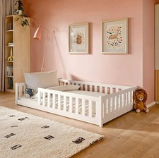 Wooden Bed Otis EU Small Double – White | Low Kids’ Floor Bed with Guardrails