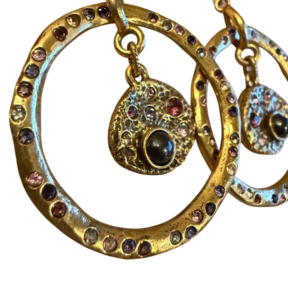 RARE Patricia Locke Handmade Gold Toned Crystal Earrings Round Dangle Drop 2009 - Image 3 of 4