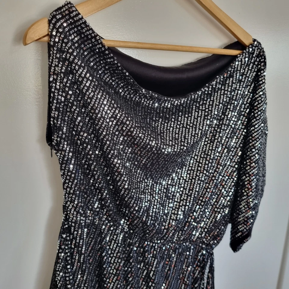 Women's 12-14 Black Sequin Wrap Evening Mini Dress stretch waist party cocktail - image 2 of 4