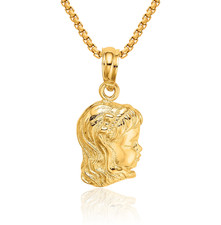 14K Solid Yellow Gold Girl Head Necklace