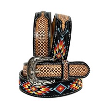Affilare Western Genuine Leather Tooled and Beaded Belt For Men and Women