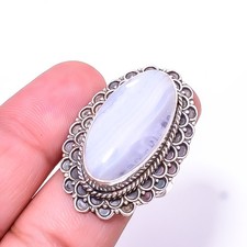 Blue Lace Agate Fine Art Oxidised 925 Sterling Silver Ring S.9.5 R14, Christmas