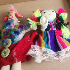 Handmade Cloth Doll with Colorful Yarn Hair and Rainbow Skirt Outfit