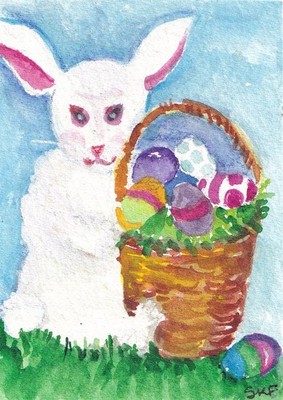 ACEO Original White Bunny Rabbit, Easter basket, eggs watercolor painting