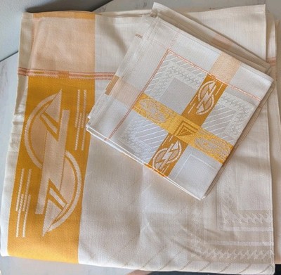 Vintage 60s Tablecloth Art Deco W Napkins Golden Yellow Design 48x50