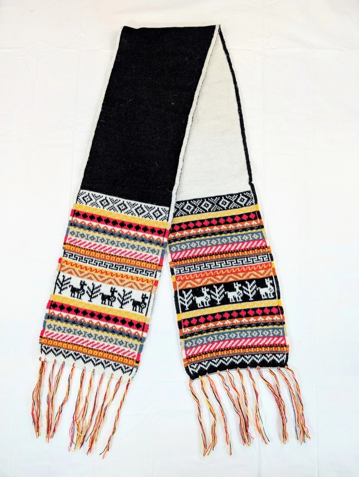 White Black Reversible Soft Alpaca Scarf Peruvian Inca Pattern Textile