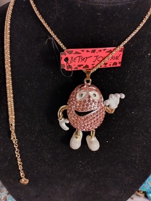 Betsey Johnson 3D Pink Peanut M&M Candy Movable Arms-Legs Rhinestone Necklace