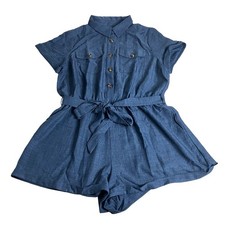 Agnes Orinda Romper Womens 1X Blue Button Front Belted Utility Jumpsuit Pockets