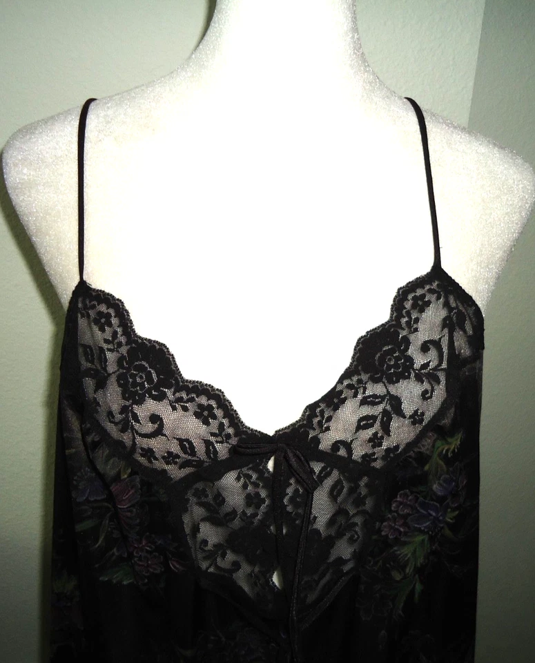 De Colección Años 70 Vassarette Camisón Vestido Sin Mangas Negro Floral Talla-S Foto 2 de 4