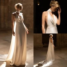 Simple Mermaid Wedding Dresses Halter Neck Backless Sweep Train Bridal Gowns