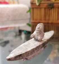 Inuit Soapstone Kayak & Hunter Carving Alaskan Handcrafted Sculpture Vintage Art