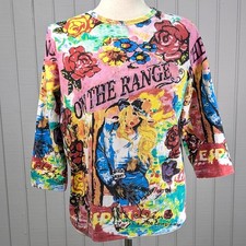 Vintage 90s/Y2K Cowgirl On the Range Floral 3/4 Sleeve Multicolor T-Shirt Medium