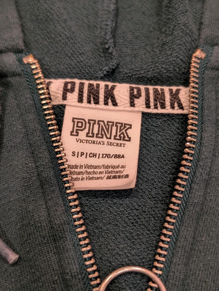 Pulôver feminino com capuz rosa Victoria's Secret pequeno verde quarto zíper logotipo fita - Imagem 3 de 4
