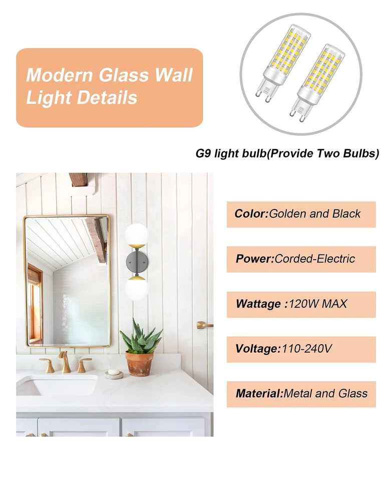 Black and Gold Wall Light,Mid Century Modern Globe Wall Sconce, Black Wall Sc... - Image 2 of 4