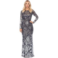 XScape Women's 8 Coal Silver Sequin Embellished Evening Long Sleeve Dress OS15-6