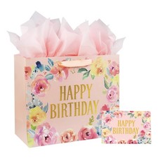 Large Happy Birthday Gift Bag 13" with Card Tissue Papers Floral Design