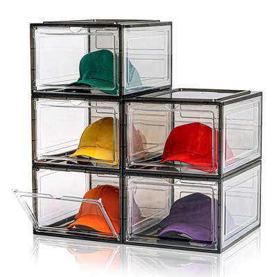 5 Pack Hat Organizer Box, Clear Baseball Cap Storage with Magnetic Door, Black