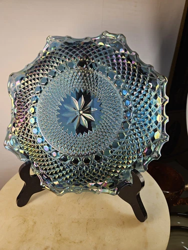 Indiana Glass Carnival Pinwheel Blue Serving Plate Iridescent