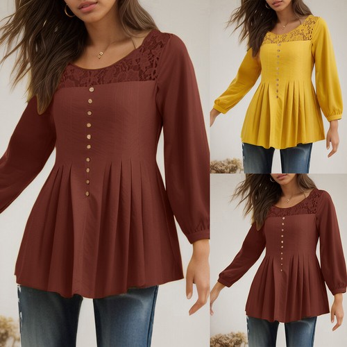 Sexy Women Cotton Linen Lace Tunic Tops Shirt Blouse Ladies Long Sleeve Pullover