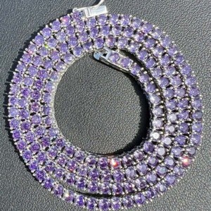 Authentic 34ct Lab Created Round Cut Amethyst Womens Tennis Necklace 14K White Gold Plated