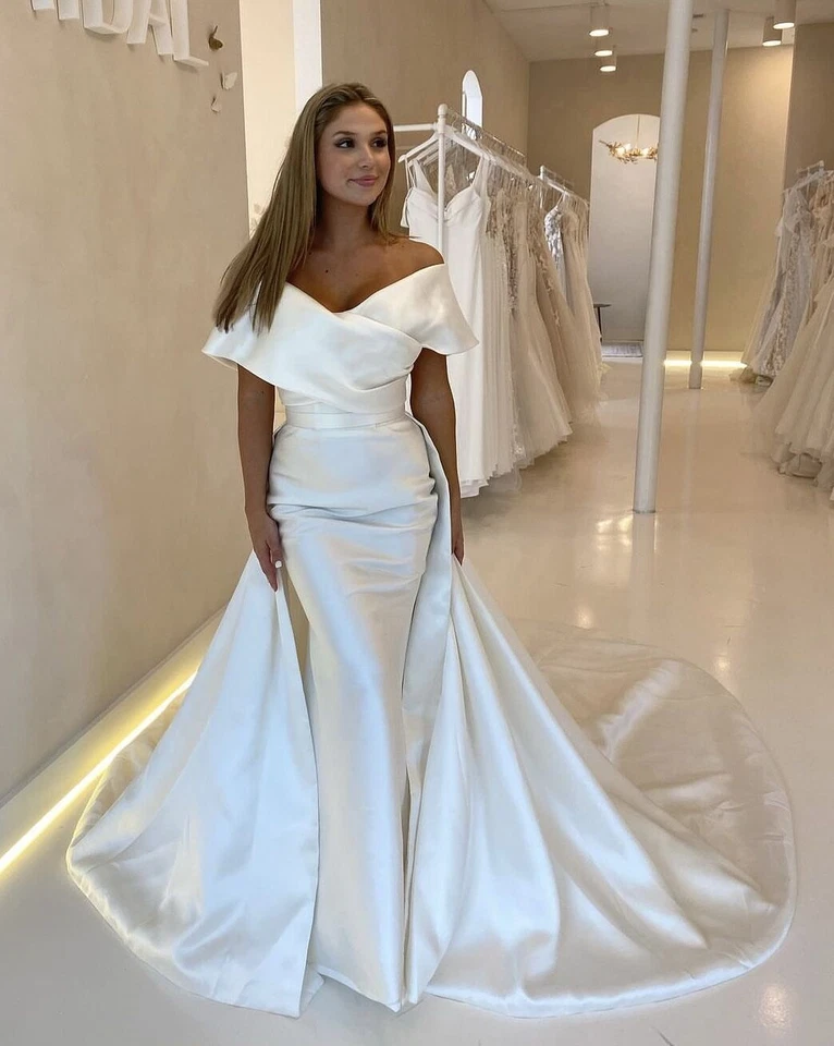 Vestidos de novia simples de sirena con tren desmontable fuera del hombro vestido de novia Foto 3 de 4