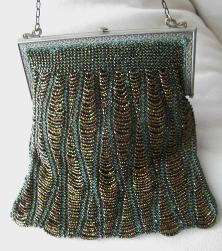 Antique Art Deco Gold Frame Green Knit Iridescent Copper Brown Bead Lined Purse - Picture 2 of 17