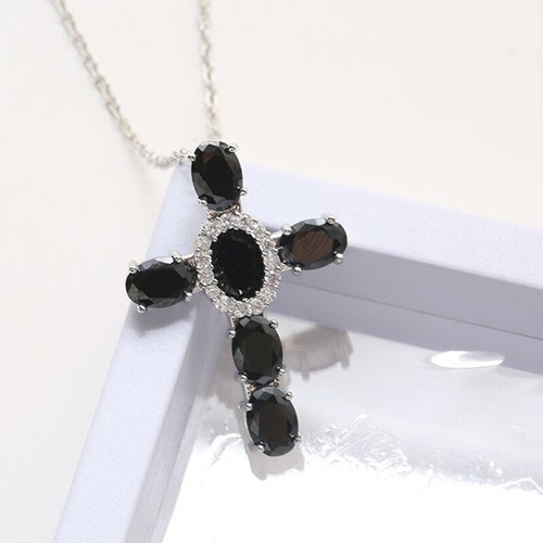 Birthstone Jewelry Gift Black Onyx Gemstone Solid Silver Cross Necklace Pendants - Picture 4 of 6