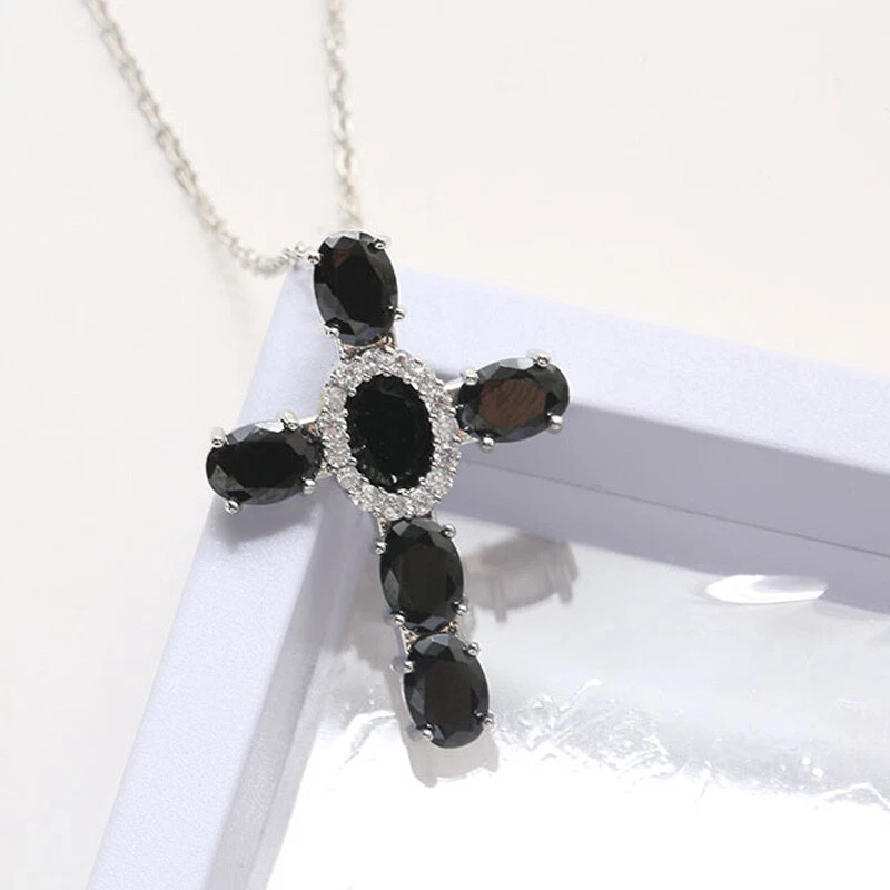 Colgantes collar cruz plata maciza piedras preciosas de ónix negro regalo piedras preciosas piedra de nacimiento Foto 4 de 4