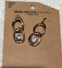 Iron Orchid Studio Gold Tone Double Loop w/Crystal Jewerly Pierced Earrings NWT
