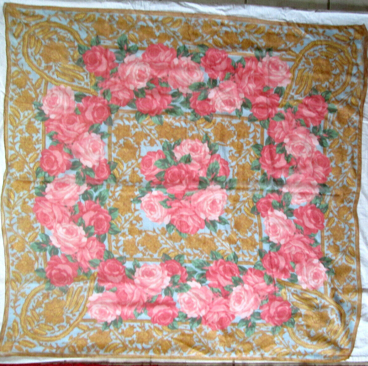 Foulard En Soie Vintage Nina Ricci - 77x77 Cm, Motifs Rouge, Bleu, Blanc - Occasion