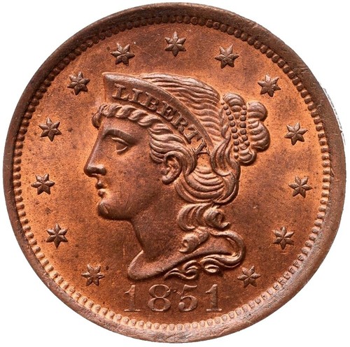 1856 N-6 R-1 PCGS MS 65 RD Upright 5 Braided Hair Large Cent Coin