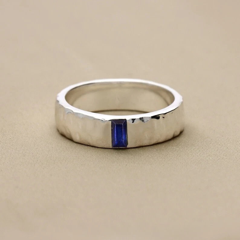 Solid 925 Sterling Silver Hammered Band Ring Blue Saphhire Mens Ring Gift Him