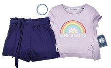Girls Shorts Set Lilac Top Rainbow Blue Shorts with Sash Size 5 Life is Good