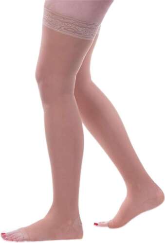 Allegro Essential Sheer Thigh Highs Open Toe Lace Band Large 15-20mmHg (Nude)