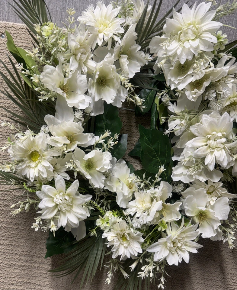  Spring Door Wreath 22-24" White Dahlia Chrysanthemum Floral Wedding Decor - Image 4 of 4