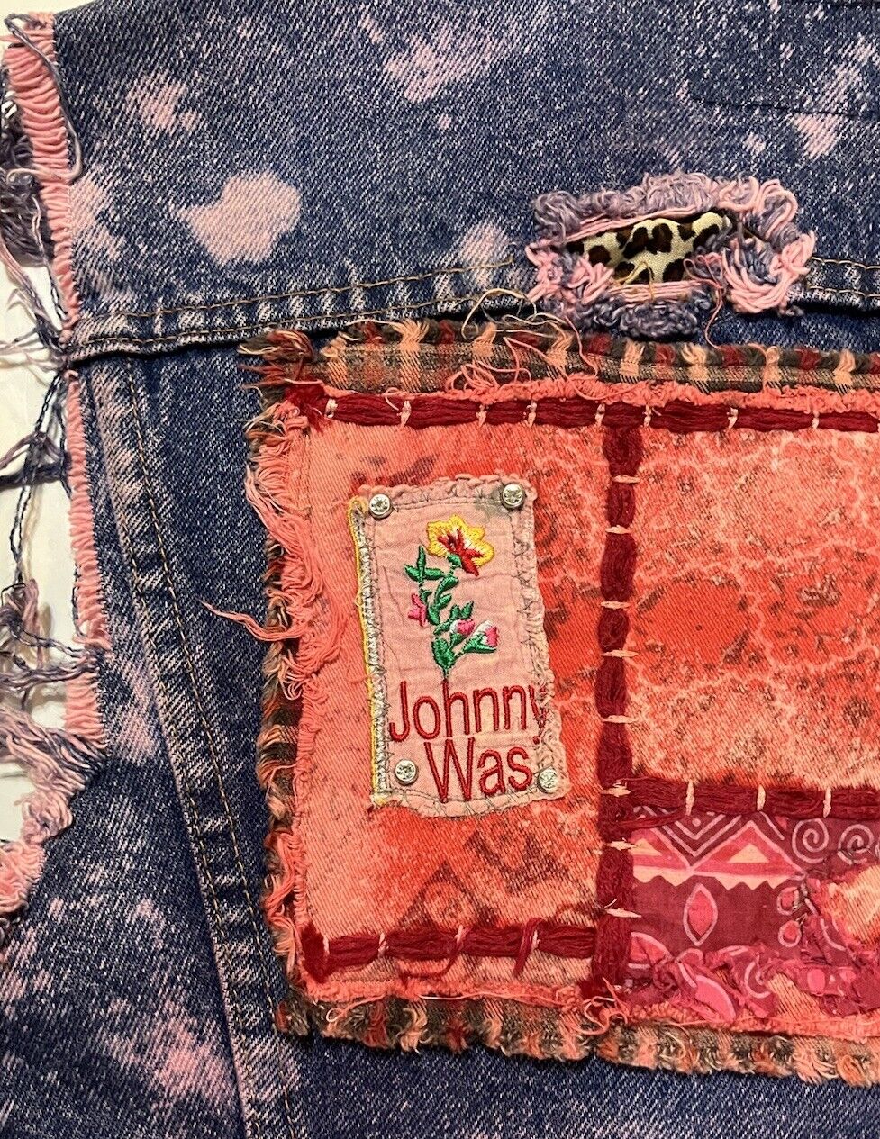 Upcycled Denim Pink Distressed Dyed Johnny Was Pa… - image 3