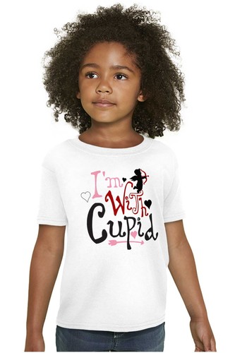 Valentine's Day I'm With Cupid Love Heart Girls Youth Crewneck T Shirts Tees - Picture 4 of 7