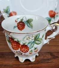 UCAGCO Japan Vintage Footed Teacup & Saucer Raspberry w Flowers Leaves Gold Trim