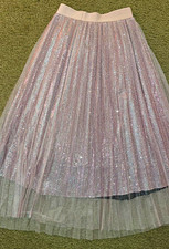 Girls Pink  Silver Glitter Tulle Pleated Pull-On Midi Skirt, Elastic Waist S
