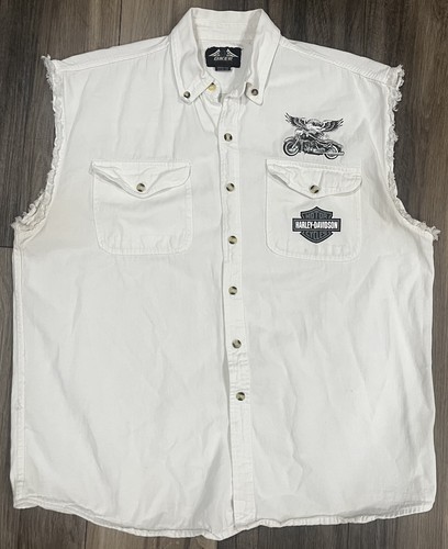 Harley-Davidson USA BikerSleeveless Button-Down Vest White Graphic 2XL