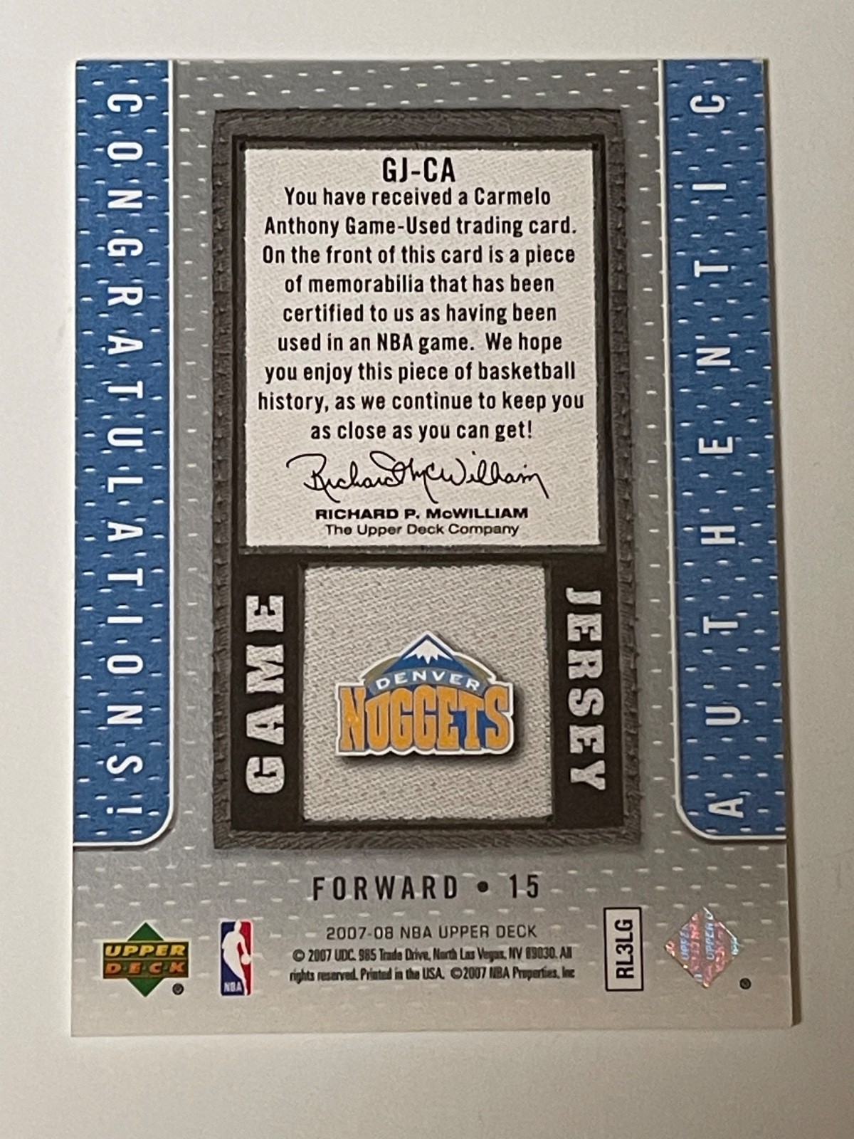 2007-08 Upper Deck Carmelo Anthony Game Used Jersey Card #GJ-CA Denver Nuggets view 2