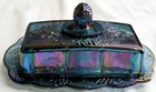 INDIANA GLASS BLUE IRIDESCENT CARNIVAL GLASS BUTTER DISH HARVEST GRAPE PATTERN