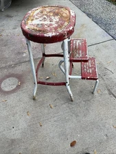 Cosco Vintage Step Stool Ladder Seat fold out Steps Patina Red white rustic