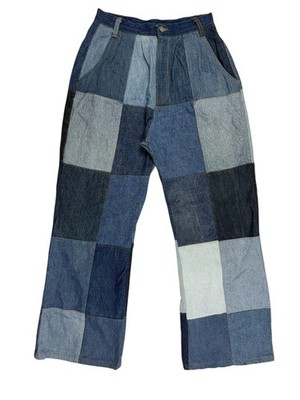 Einzigartige Retro Patchwork Blue Denim Jeans 26W 28L Loose Fit