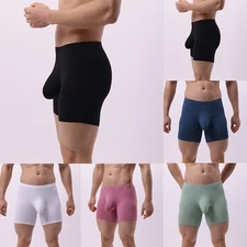 Men's Seamless Long Leg Trunks Underwear with U Bulge Pouch Mesh Design