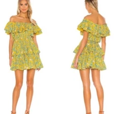RHODE Dotty Eden Floral Off Shoulder Ruffle Mini Dress Yellow Boho Chic Sz XS